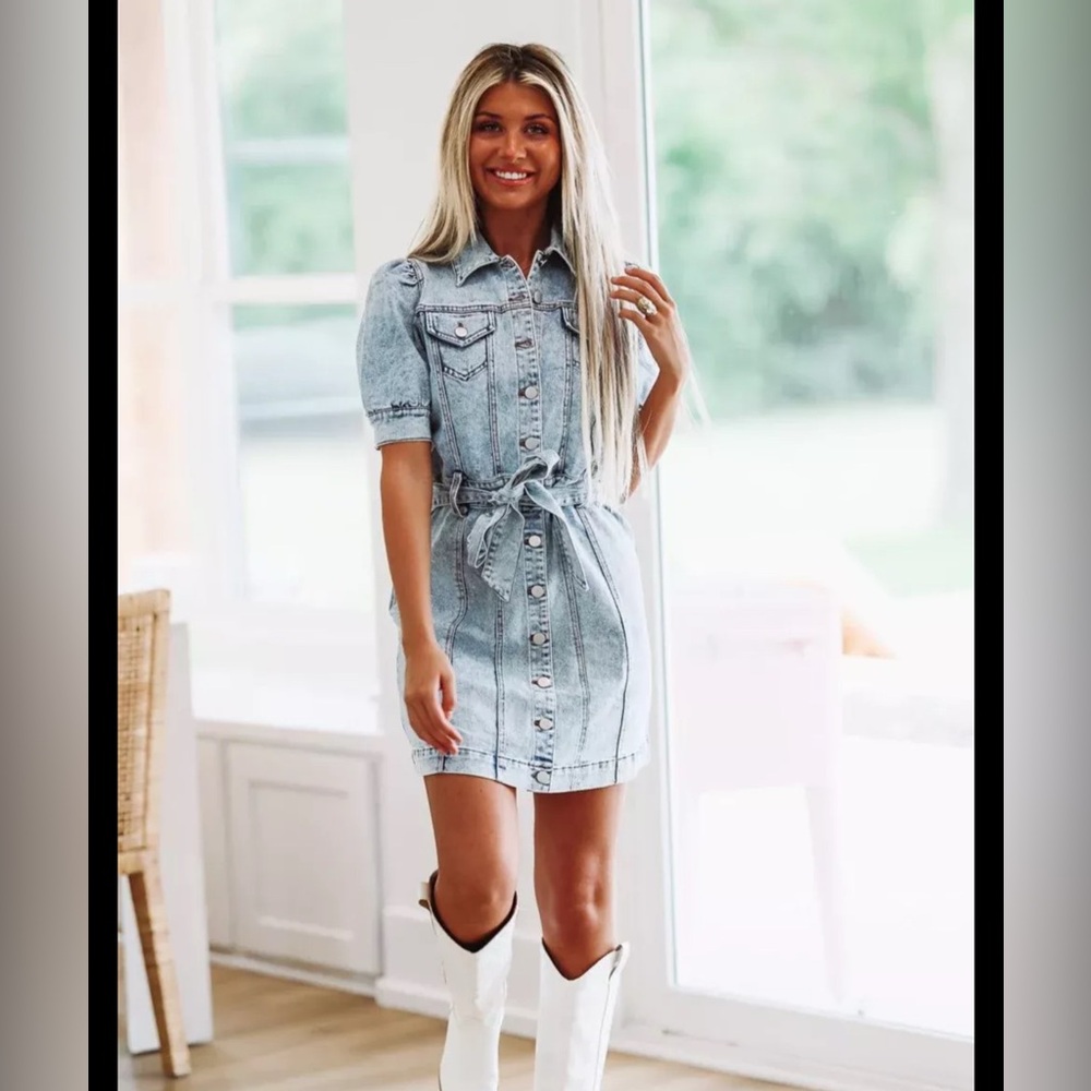 Boutique Denim Short Sleeve Belted Dress